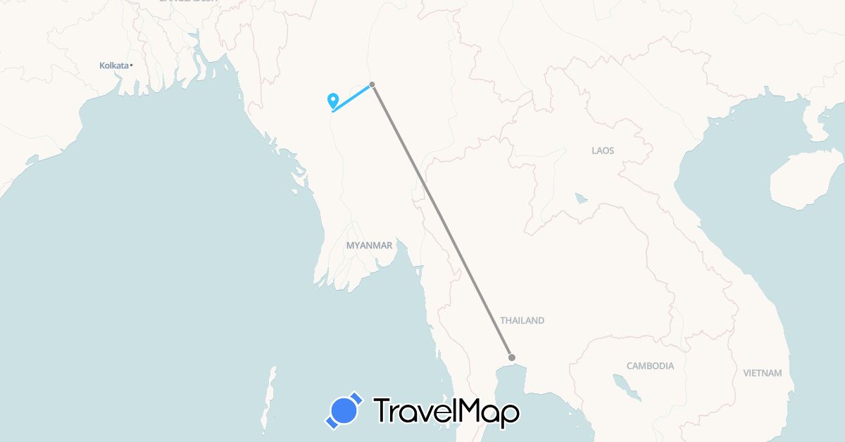 TravelMap itinerary: driving, plane, boat in Myanmar (Burma), Thailand (Asia)
